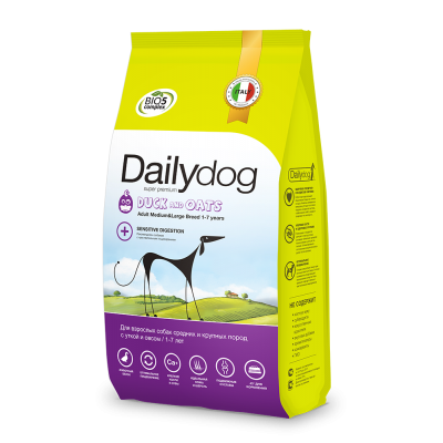 Купить c доставкой Dailydog корм для взрослых собак средних и крупных пород чувствительное пищеварение, утка овёс, 20кг ФР в Москве