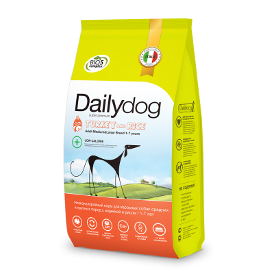 Купить c доставкой Dailydog корм для взрослых собак средних и крупных пород низкокалорийный, индейка рис, 12кг ФР в Москве