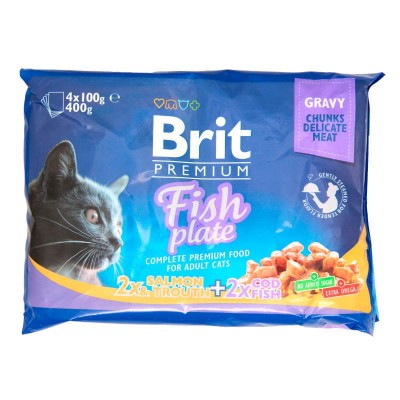 Влажный корм для кошек Brit Premium Fish Plate набор паучи рыбная тарелка 4x100 грамм.