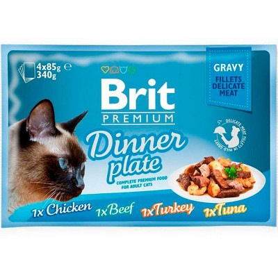 Влажный корм для кошек Brit Premium Dinner Plate Gravy набор паучи кусочки в соусе 4x85 грамм.
