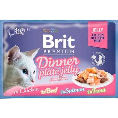 Влажный корм для кошек Brit Premium Dinner Plate Jelly паучи кусочки в желе 4x85 грамм.