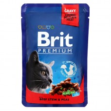 Влажный корм для кошек Brit взрослым рагу говядины, горошек упаковка 24 штуки по 85 грамм.
