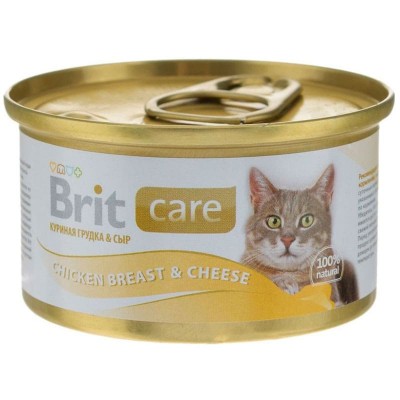Влажный корм для кошек BRIT Care суперпремиум консервы куриная грудка и сыр 80 грамм.