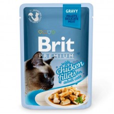Влажный корм для кошек Brit кусочки куриного филе в соусе упаковка 24 штуки по 85 грамм.