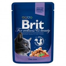 Влажный корм для кошек Brit взрослым паучи с треской упаковка 24 штуки по 85 грамм.