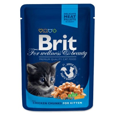 Влажный корм для кошек Brit котятам кусочки с курочкой упаковка 24 штуки по 100 грамм.