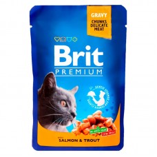Влажный корм для кошек Brit взрослым паучи лосось и форель упаковка 24 штуки по 100 грамм.
