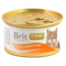 Влажный корм для кошек BRIT Care суперпремиум  консервы тунец, морковь и горошек 80 грамм.