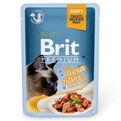 Влажный корм для кошек Brit кусочки филе тунца в соусе упаковка 24 штуки по 85 грамм.