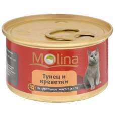 Влажный корм для кошек Molina взрослым консервы с тунцом и креветками в желе 80 грамм.