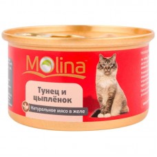 Влажный корм для кошек Molina взрослым консервы с тунцом и цыпленком в желе 80 грамм.