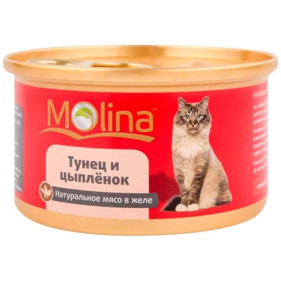 Влажный корм для кошек Molina взрослым консервы с тунцом и цыпленком в желе 80 грамм.