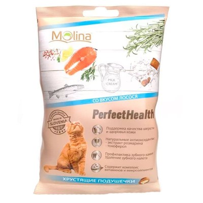 Лакомства для кошек Молина хрустящие подушечки со вкусом лосося 50 грамм.