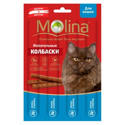 Лакомства для кошек Молина жевательные колбаски лосось и форель 20 грамм.