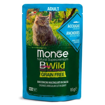 Влажный корм для кошек Monge BWild взрослым анчоус с овощами 85 грамм.