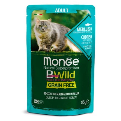 Влажный корм для кошек Monge BWild взрослым треска, креветки, овощи 85 грамм.