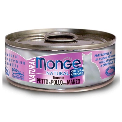 Влажный корм для кошек Monge Cat Natural консервы тунец с курицей и говядиной 80 грамм.
