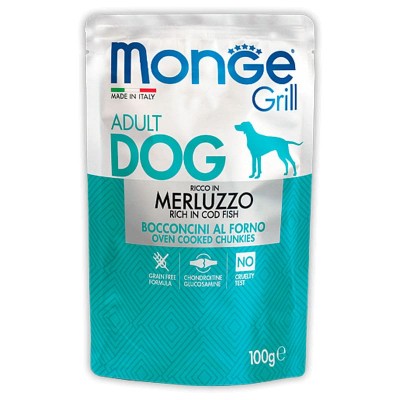 Влажный корм для собак Monge Grill ВЗРОСЛЫМ всех пород паучи треска 24 штуки 100 грамм