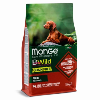 Monge BWild GRAIN FREE беззерновой сухой корм из мяса ягненка с картофелем для взрослых собак всех пород 2,5 кг.