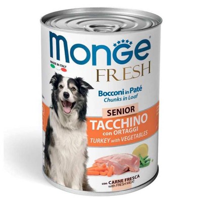 Влажный корм для собак Monge Dog Fresh Chunks in Loaf пожилым всех пород консервы мясной рулет индейка овощи упаковка 24 штуки 400 грамм