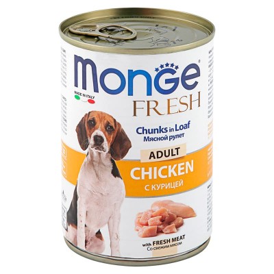 Влажный корм для собак Monge Dog Fresh Chunks in Loaf взрослым всех пород консервы мясной рулет курица упаковка 24 штуки 400 грамм