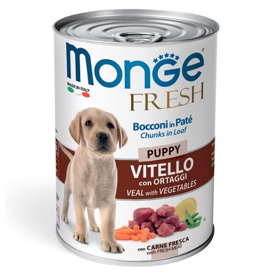 Влажный корм для собак Monge Fresh ЩЕНКАМ консервы мясной рулет телятина овощи упаковка 24 штуки 400 грамм