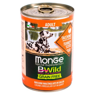 Влажный корм для собак Monge Dog BWild GRAIN FREE взрослым всех пород беззерновые консервы индейка тыква кабачок упаковка 24 штуки 400 грамм