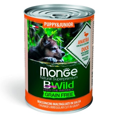 Влажный корм для собак Monge Dog BWild GRAIN FREE Puppy&Junior щенкам всех пород беззерновые консервы утка тыква кабачок упаковка 24 штуки 400 грамм