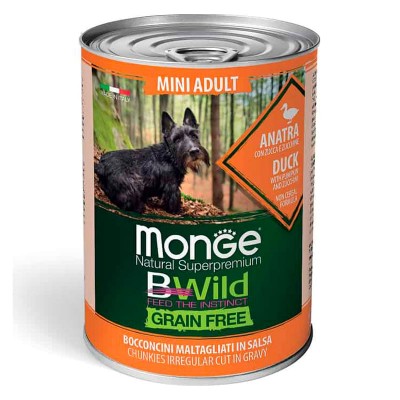 Влажный корм для собак Monge Dog BWild GRAIN FREE Mini взрослым мелких пород беззерновые консервы утка тыква кабачок упаковка 24 штуки 400 грамм