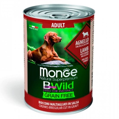 Влажный корм для собак Monge Dog BWild GRAIN FREE взрослым всех пород беззерновые консервы ягнёнок тыква кабачок упаковка 24 штуки 400 грамм