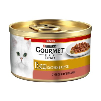 Влажный корм для кошек Gourmet Gold консервы кусочки в соусе с уткой и оливками упаковка 12 штук по 85 грамм.
