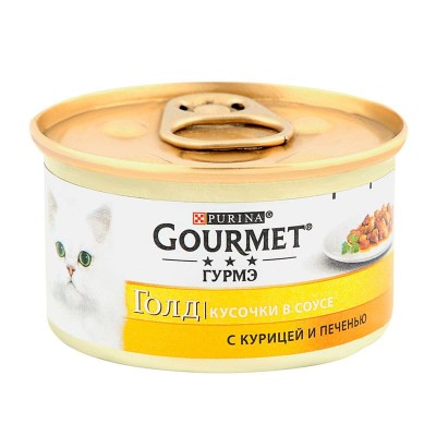 Влажный корм для кошек Gourmet Gold консервы кусочки в соусе курица и печень упаковка 24 штуки по 85 грамм.