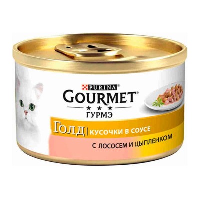 Влажный корм для кошек Gourmet Gold консервы кусочки в соусе лосось с цыпленком упаковка 24 штуки по 85 грамм.