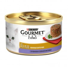 Влажный корм для кошек Gourmet Gold консервы биточки с ягненком и фасолью упаковка 12 штук по 85 грамм.