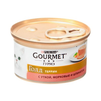 Влажный корм для кошек Gourmet Gold Террин консервы утка, морковь и шпинат по французски упаковка 24 штуки по 85 грамм.