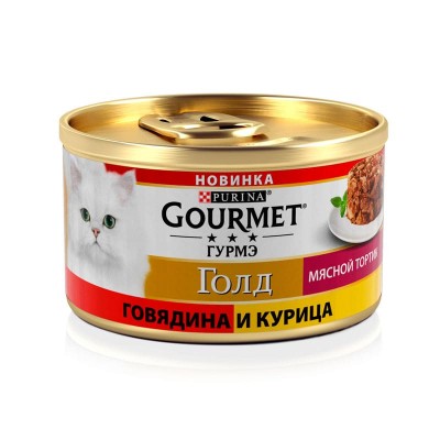 Влажный корм для кошек Gourmet Gold консервы мясной тортик, говядина, курица упаковка 12 штук 85 грамм.