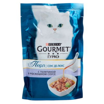 Влажный корм для кошек Gourmet Perle паучи соус Де-люкс с телятиной 85 грамм.